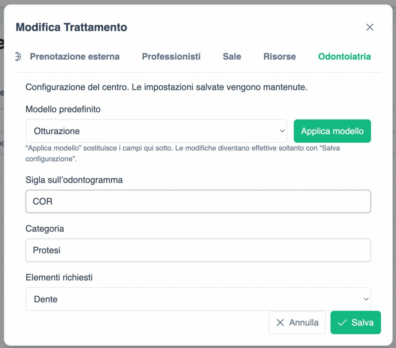 Configurazione di un trattamento nel catalogo odontoiatrico